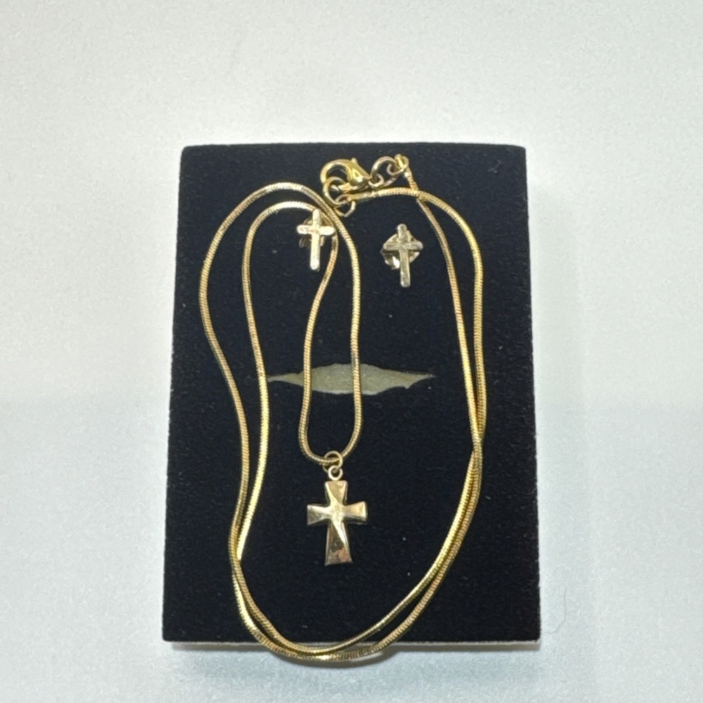 Vintage Gold Plated Cross Chain And Cross Earrings